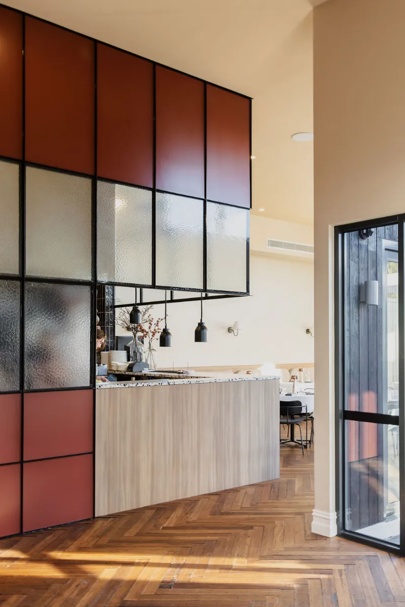 Custom tbar steel feature wall within The Retreat Geelong, Fabrication completed by Geelong Steel Fabrication